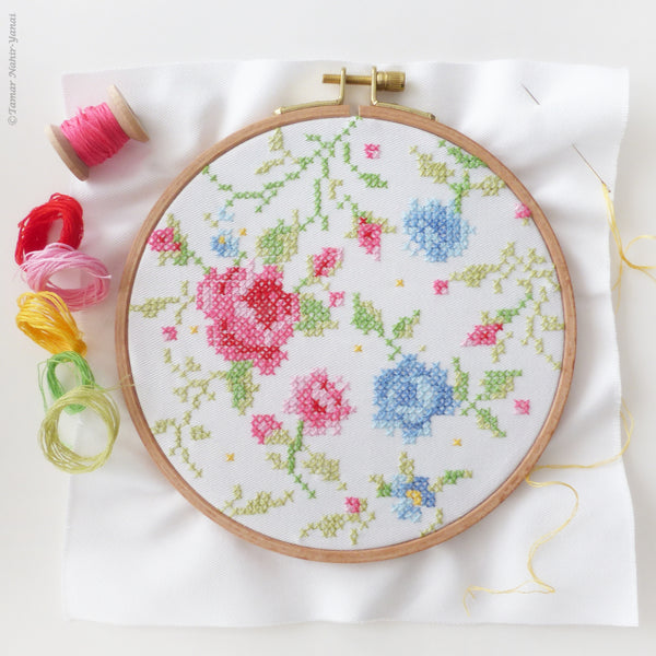 Blue & Pink Roses - 6" embroidery kit