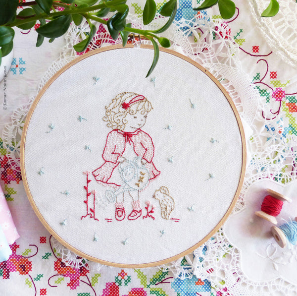 Girl Watering Flowers - 8" embroidery kit