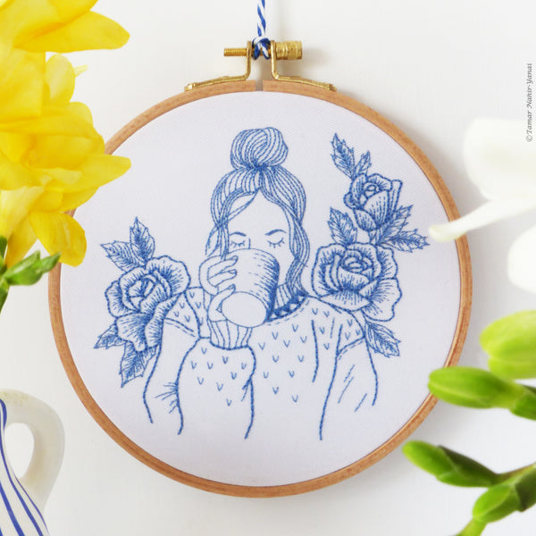 Blue Floral Lady - 6" embroidery kit