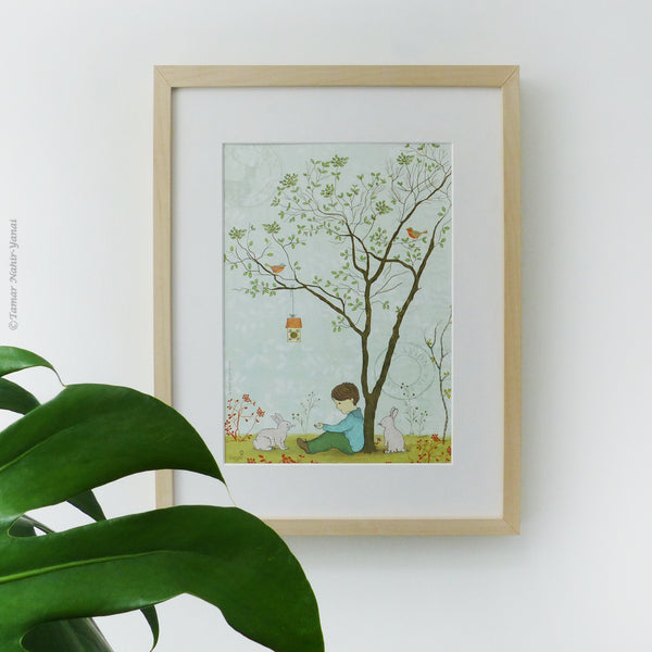Tree and rabbit print wall art