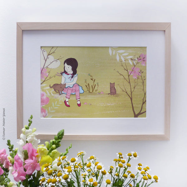 Girl and her Cats print wall art