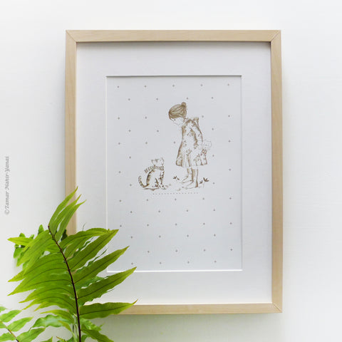 Girl and a white cat print wall art
